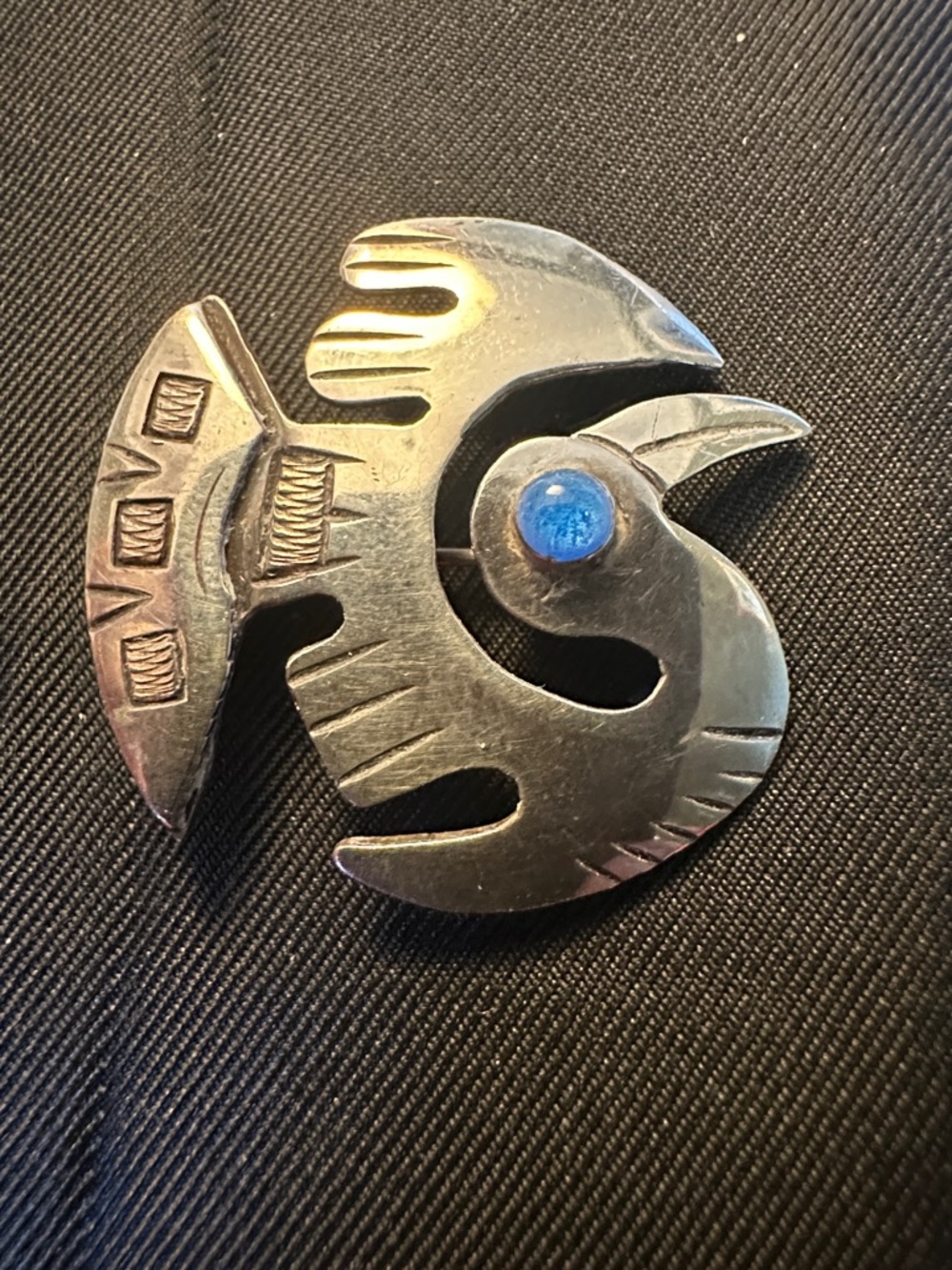 Vintage Modernist Sterling Silver Pinwheel Brooch/Blue Cabochon Mid Century 925